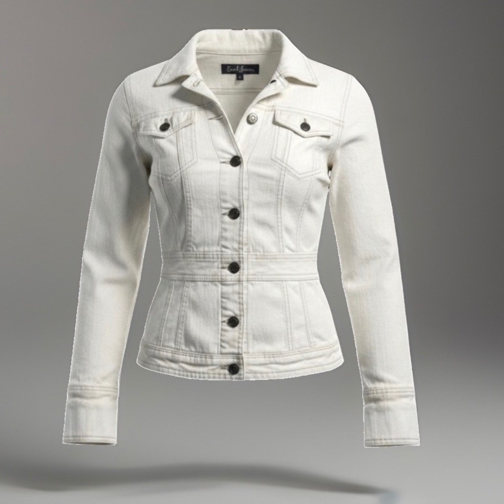 Earl Jean Denim Jacket Women Large White Cotton Pockets Studded Cuffs Trucker